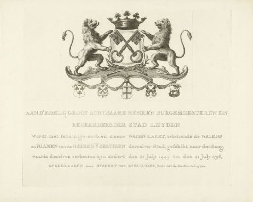 Presentation with the coat of arms of Leiden for the armorial map of the Forty Men of the city of Leiden