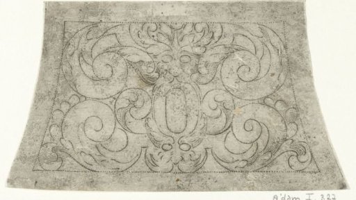 Trapezoidal ornament with mascarons and leafy tendrils