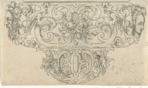 Bowl with a bunch of fruit between two volutes ending in bird heads