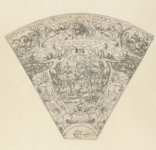 Fan-shaped segment with a landscape in an oval