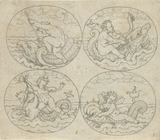 Four ovals with children on sea creatures