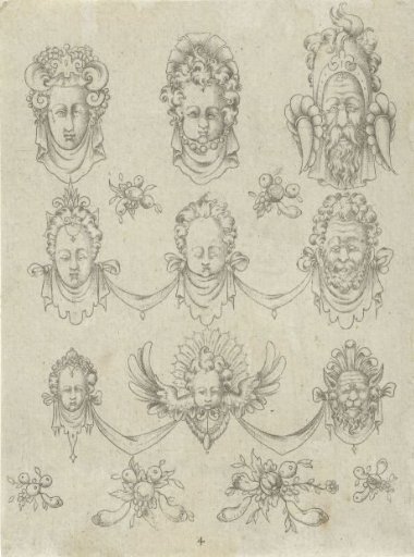 Nine masks and six small bunches of fruit