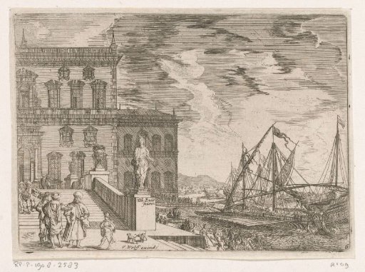 View of a harbour with a galley in front of a palace