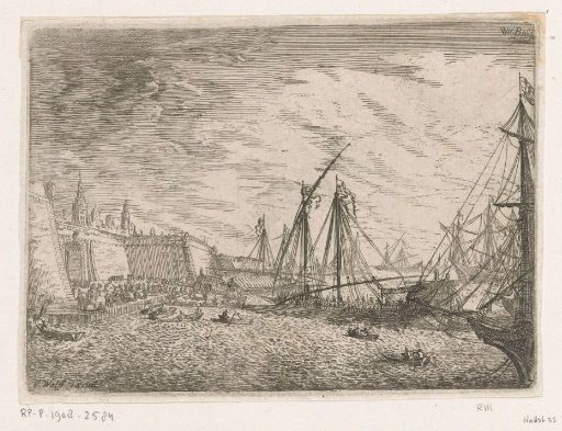 View of a harbour with sailing ships and galleys in front of a city wall