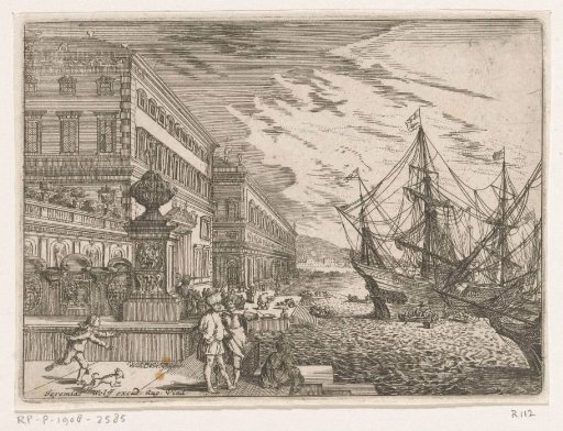 View of a harbour with sailing ships in front of a palace
