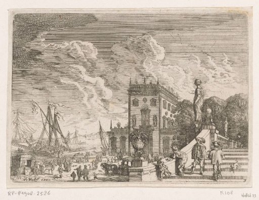 View of a harbour with men on a terrace in the foreground
