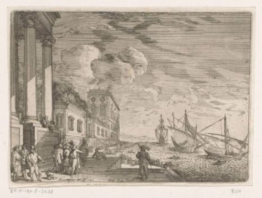 View of a harbour with sailing ships, in the foreground men in front of a loggia