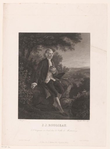 Portrait of Jean-Jacques Rousseau, seated on a rock in a landscape