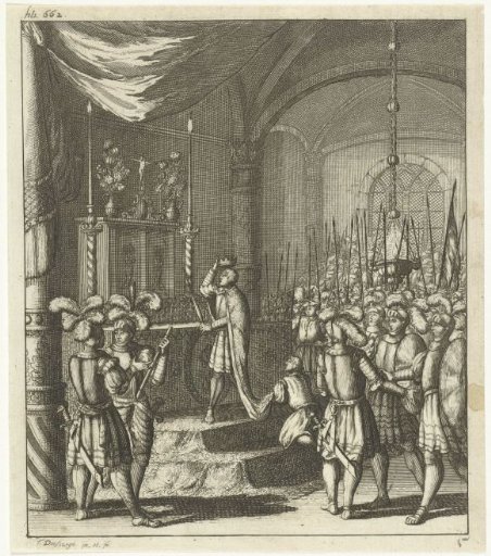 Interior of a church with a ruler at the altar and a host of soldiers