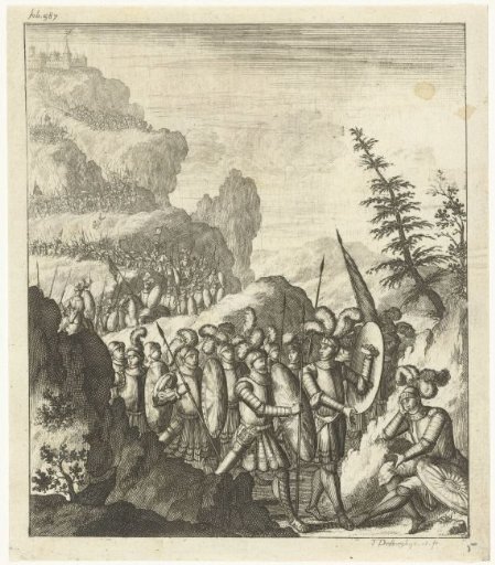 Army marching down a mountain in a rocky landscape