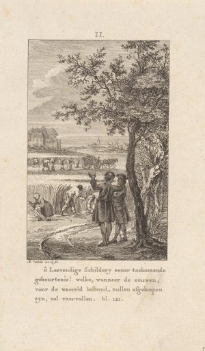 Two men looking out over a landscape where harvesting is taking place