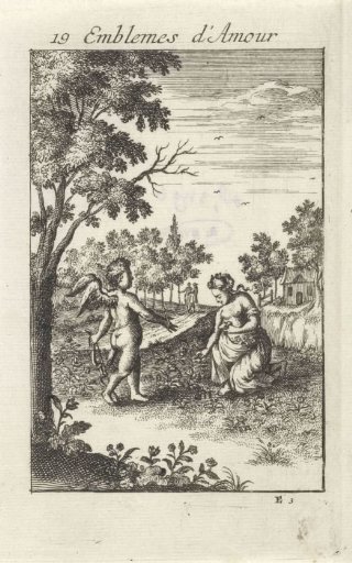 Amor with a woman picking flowers