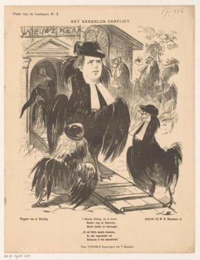 Caricature with Abraham Kuyper as a rooster in a henhouse