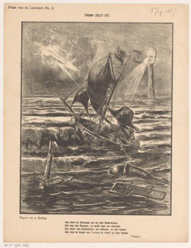 Caricature with a boat at sea in a storm