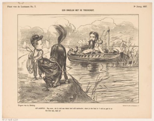Caricature with hunter on horseback with a towboat in the reeds