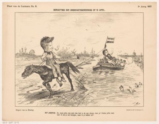 Caricature with hunter on horseback with a towboat