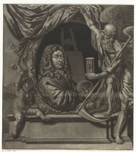 Self-portrait of Michiel van Musscher in an allegorical frame
