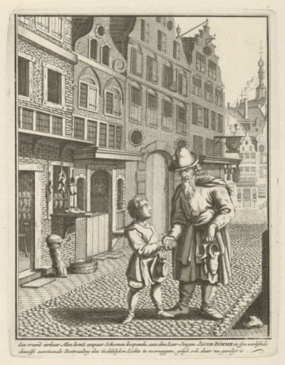 Jakob Böhme meets a man in front of the shoemaker's shop