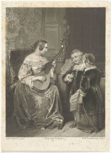 Two children playing music with their mother