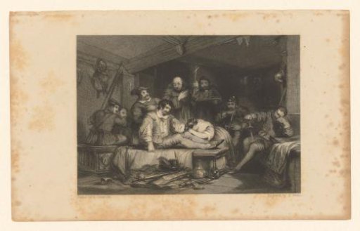 Wounded man lying on a wooden bench in a room
