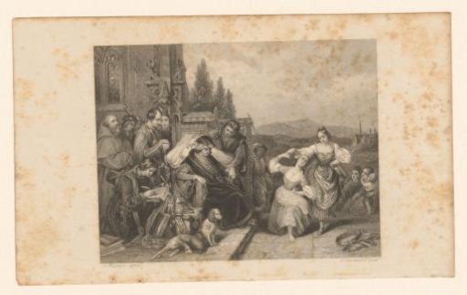 Man on a throne with a woman at his feet