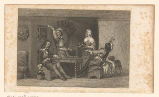 Woman bringing a tray with drink to three drinking men around a table
