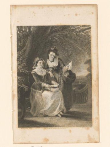Two ladies with letters in a garden