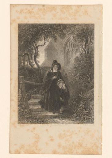 Woman with a child by the hand leaving the church