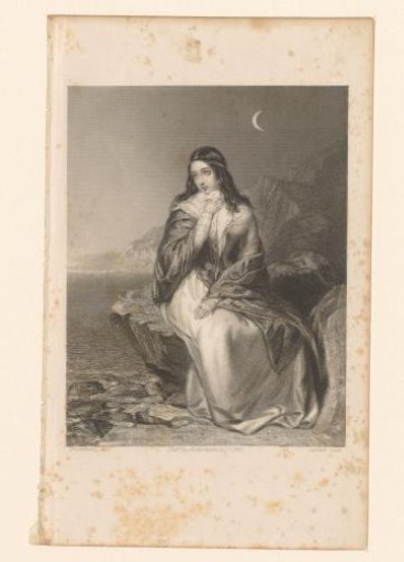 Young woman on a rocky coast by moonlight