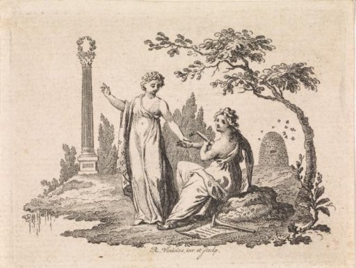 Landscape with a woman playing the lute and a woman pointing to a classical column
