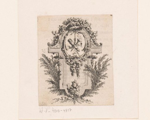 Vignette with floral garlands around a cross-shaped stone