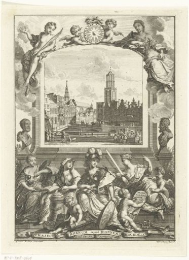 City view with the Dom Church in Utrecht and allegory with Minerva and virtues