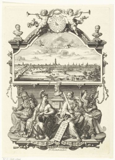 View of Utrecht in a frame with the goddess Minerva and virtues