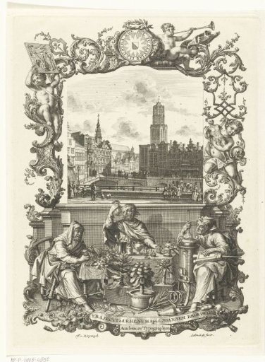 City view with the Dom Church in Utrecht and allegory with three scholars