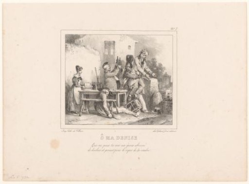 Drunk man stretching his arms from the tavern towards the grave of his wife