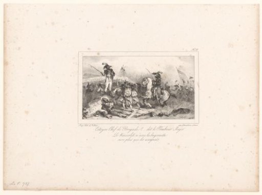 Drum-major addressing an officer on horseback on the battlefield