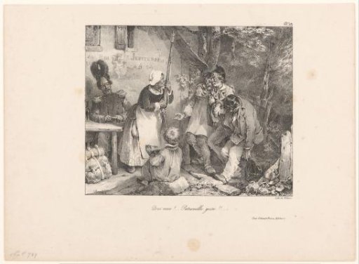Landlady with a musket welcoming three drunk farmers