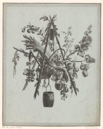 Trophy with pulley, flowers, and fruit