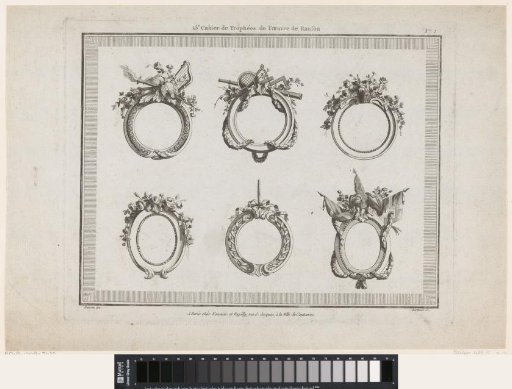 Medallions with flowers, measuring instruments and flags