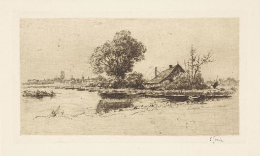 Landscape with a house by a river and a city in the background