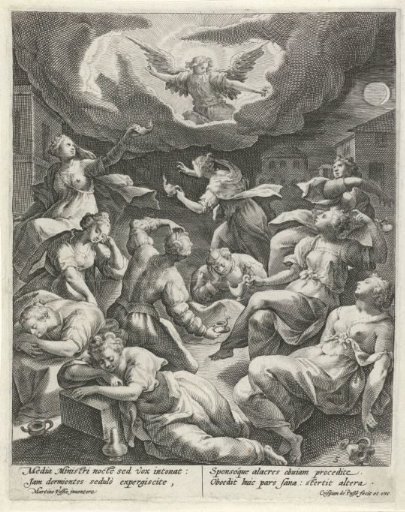 The five wise and the five foolish virgins are awakened by an angel