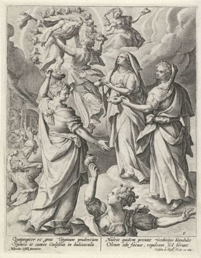 The bridegroom receives the five wise virgins