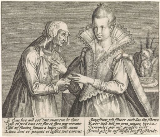 Old Woman Hands a Letter to a Young Woman