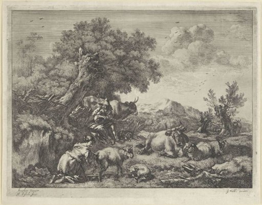 Shepherd Playing Bagpipes While a Girl Milks a Sheep