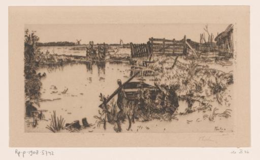 Polder landscape with meadows, ditch and rowing boat