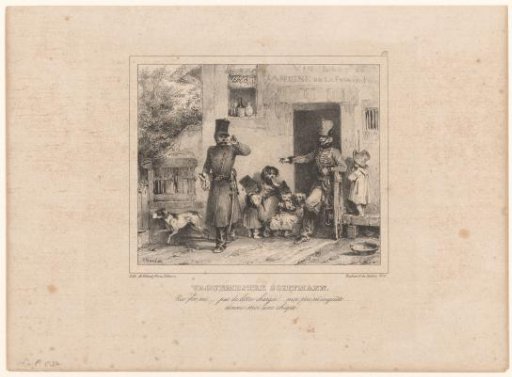 Officer and soldier with children at a tavern