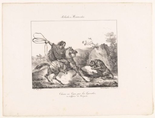 Paraguayan hunter on horseback throwing a lasso at a jaguar
