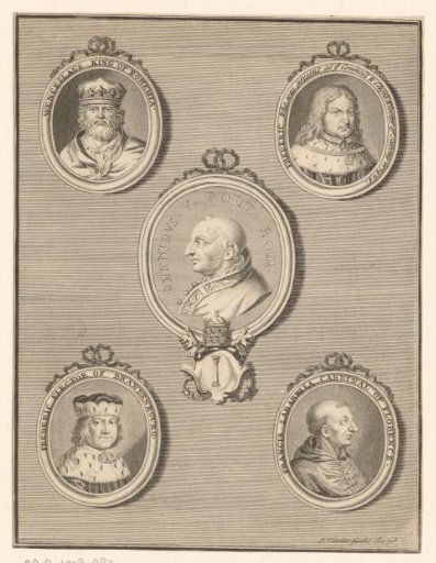 Five portraits in medallions of persons from the fourteenth and fifteenth centuries