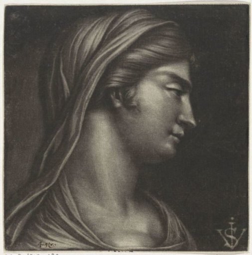 Bust of a woman with a headscarf