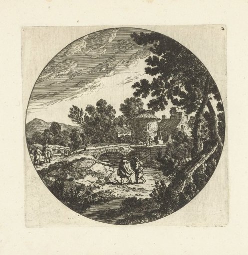 Southern landscape with stone bridge and figures at a village in a round frame